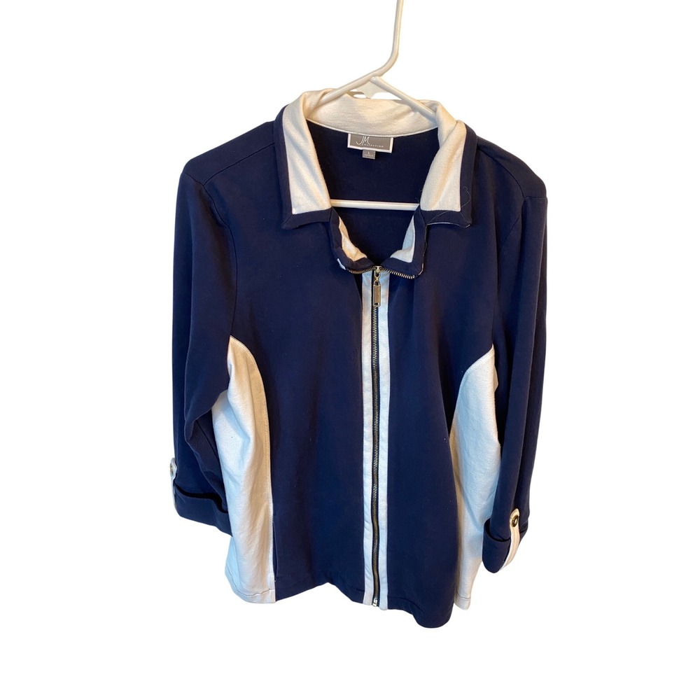 JM Collection Navy White Colorblock Zip Front Jacket Sweater Womens Size L